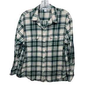 Old Navy‎ The Boyfriend Shirt Women’s L Green White Plaid Flannel Long Sleeve